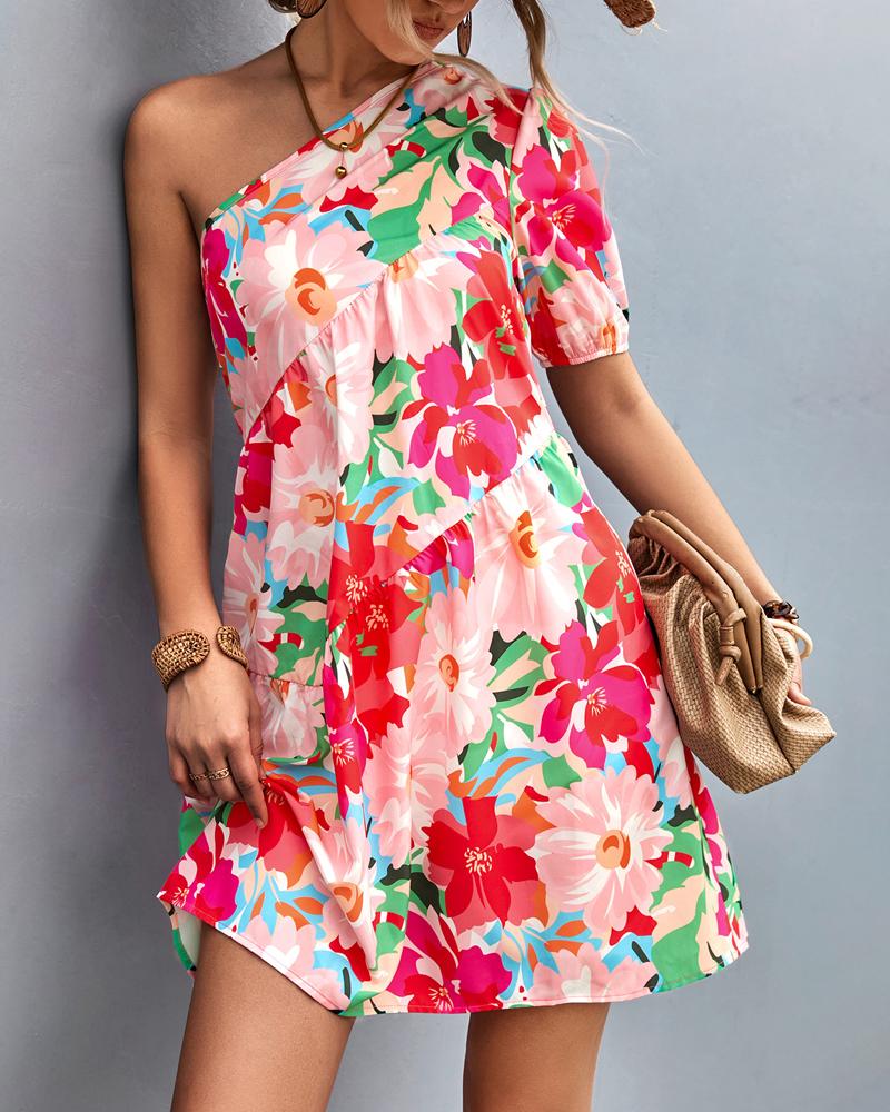 

Floral Print One Shoulder Ruffles Mini Dress, Pink