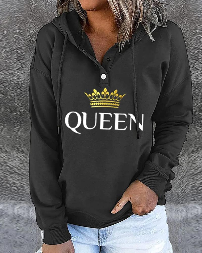 

Crown Letter Print Hooded Sweatshirt, Black