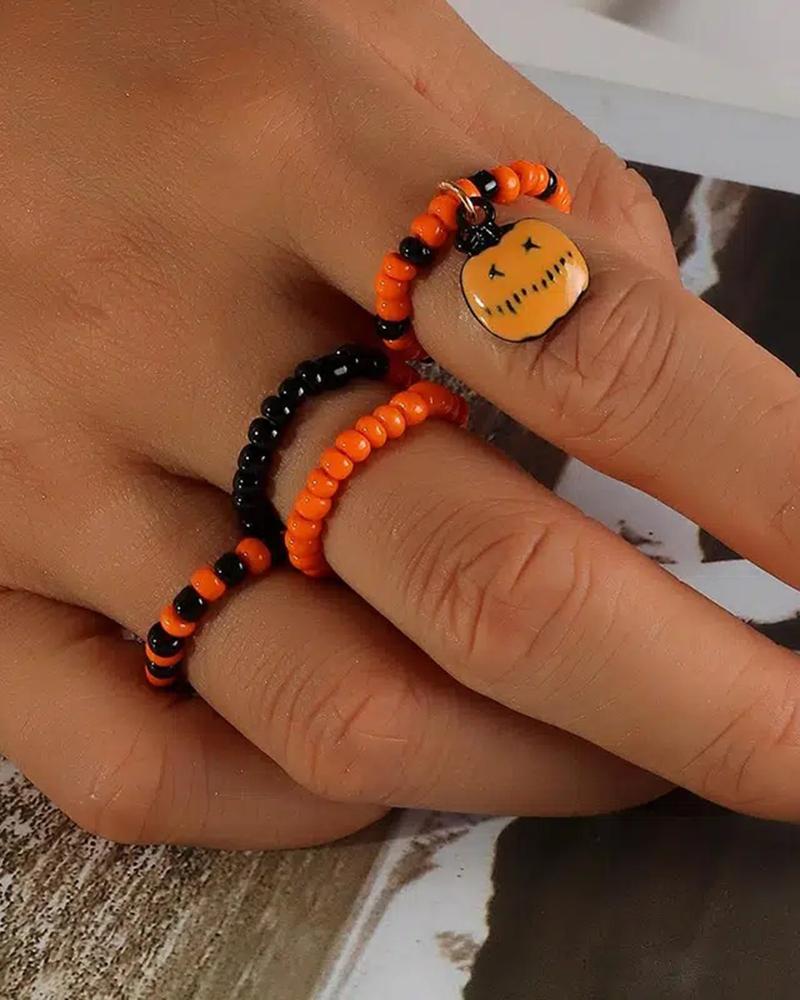 

4pcs Halloween Beaded Pumpkin Pattern Ring Set, Orange