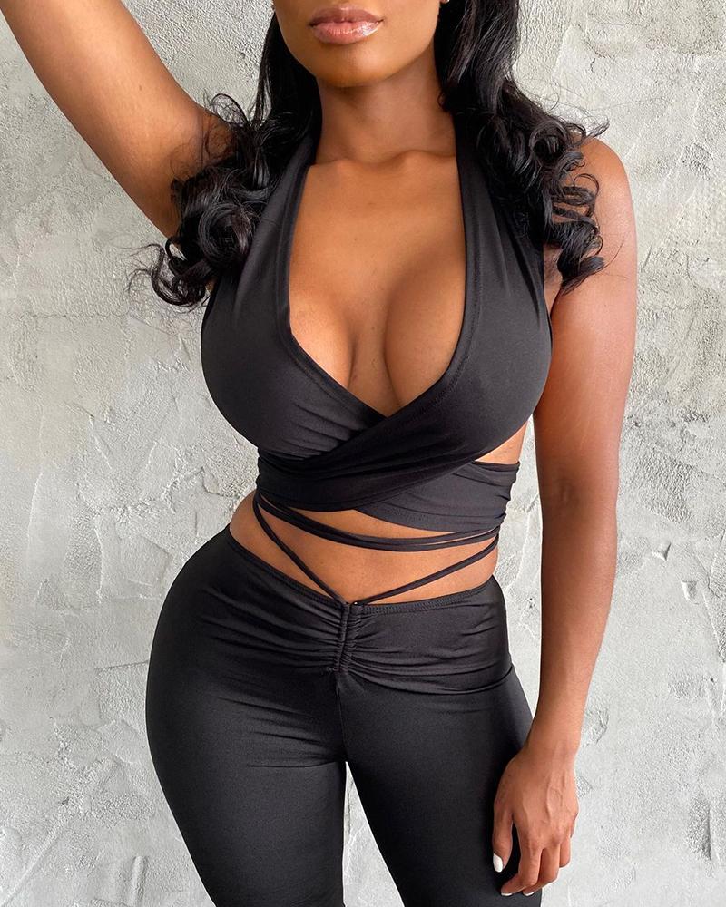 

Halter Criss Cross Tie Detail Backless Top & Skinny Pants Set, Black