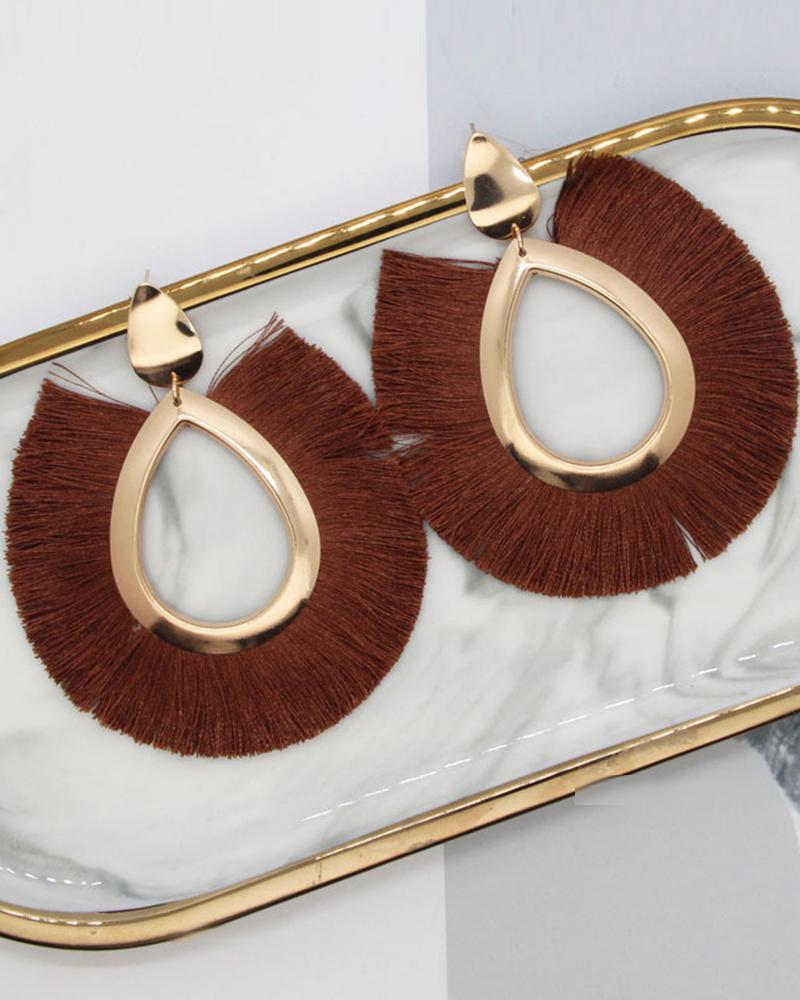 

1Pair Bohemian Tassel Design Hollow Waterdrop Hoop Earrings, Coffee