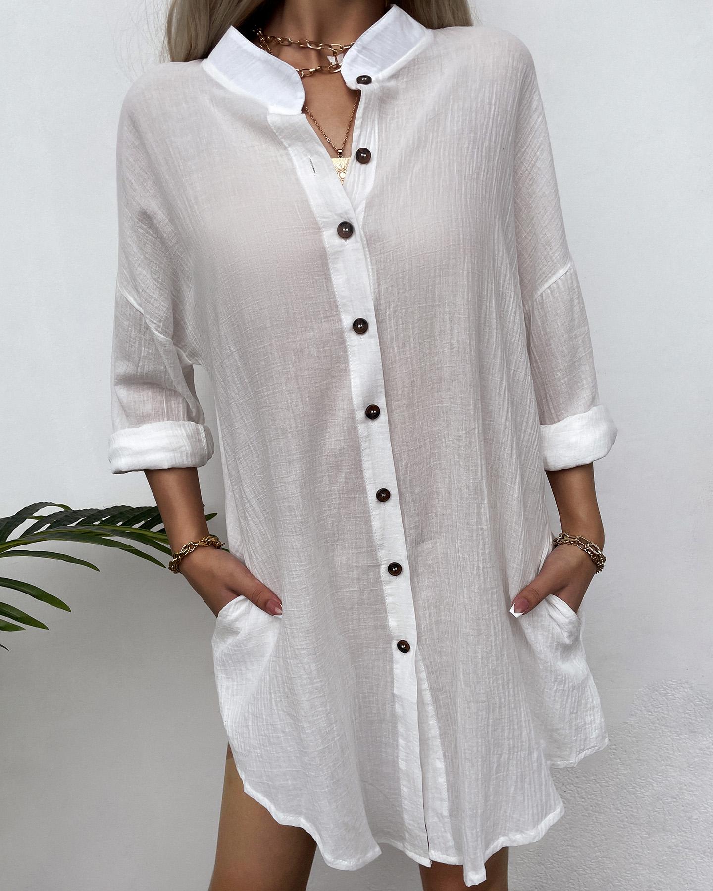 

Button Pocket Design Long Sleeve Top, White