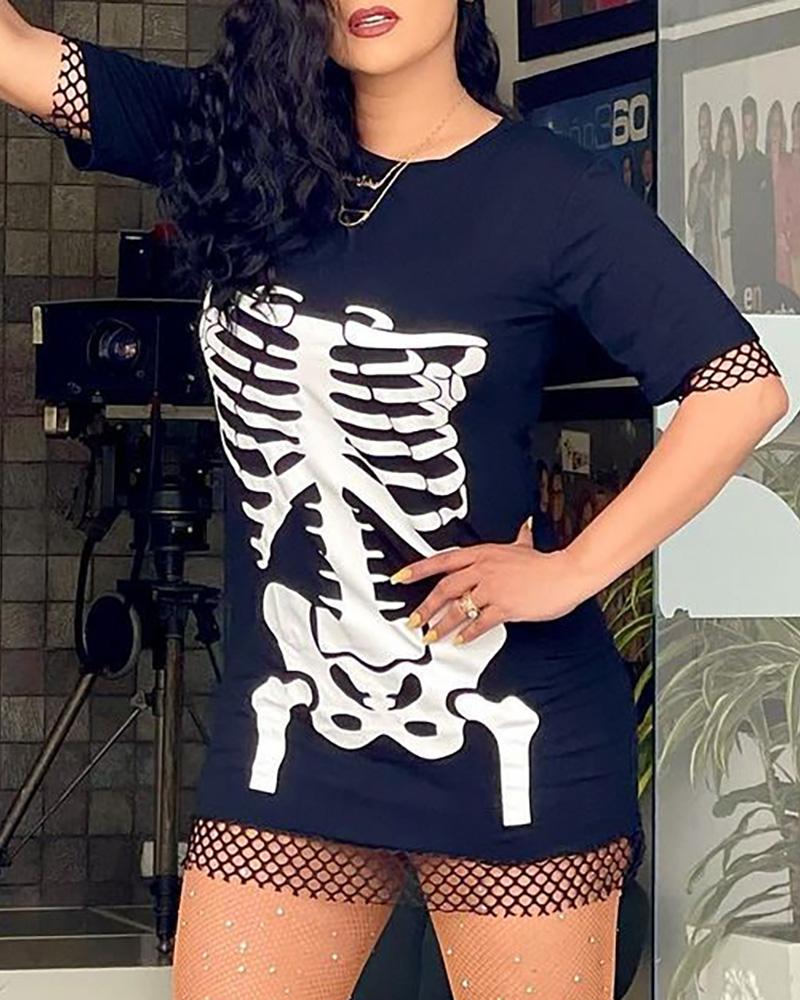 Halloween Fishnet Patch Skeleton Print T-Shirt Dress