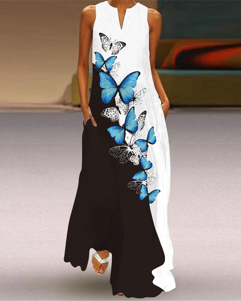 

Butterfly Print Colorblock Sleeveless Maxi Dress, White