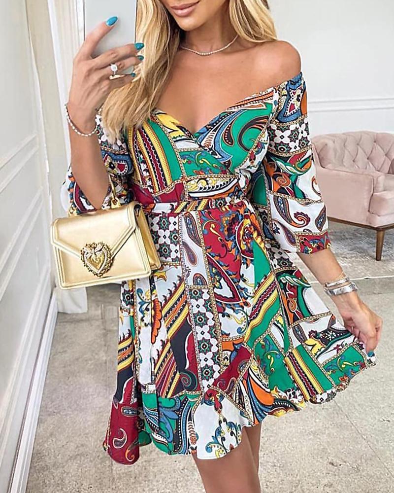 

V-Neck Lantern Sleeve Dress With Belt, Style3