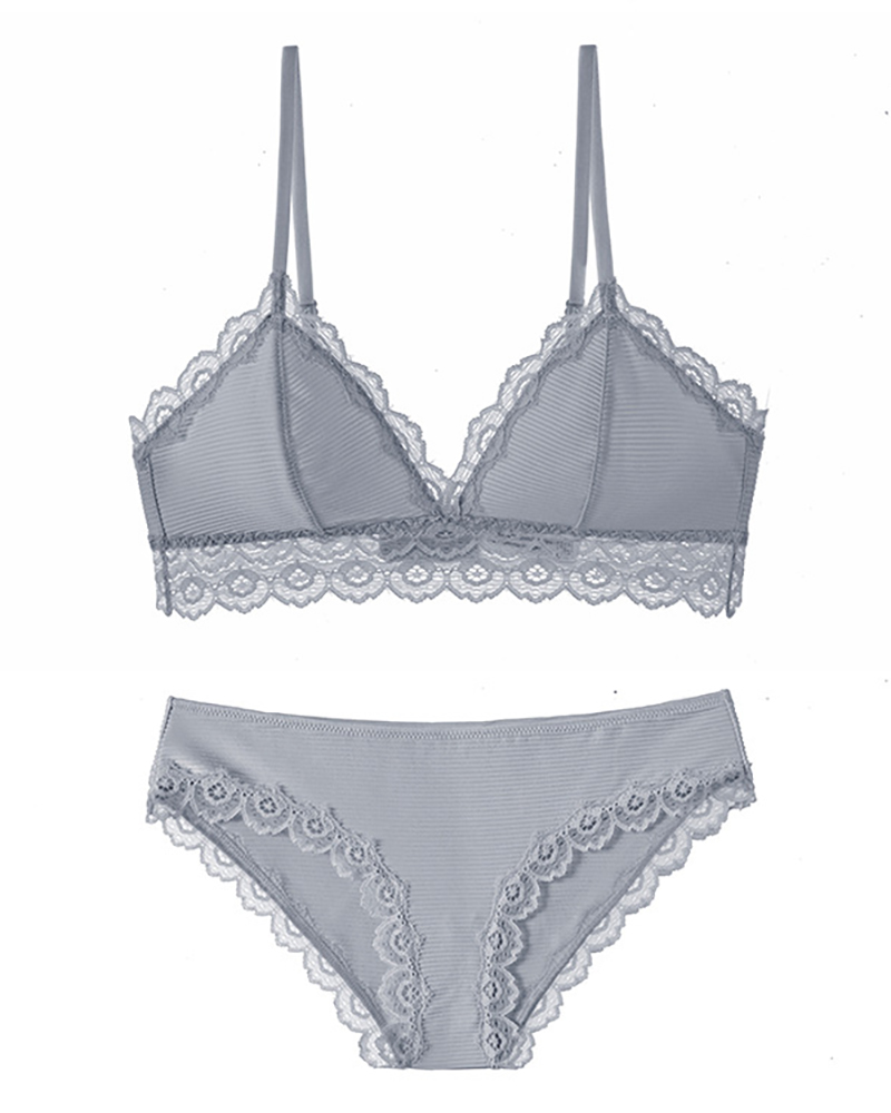 

Push Up Lace Trim Breathable Lingerie Set, Gray