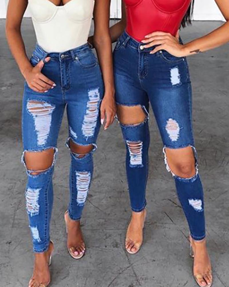 

Cutout Pocket Design Ripped Skinny Jeans, Blue