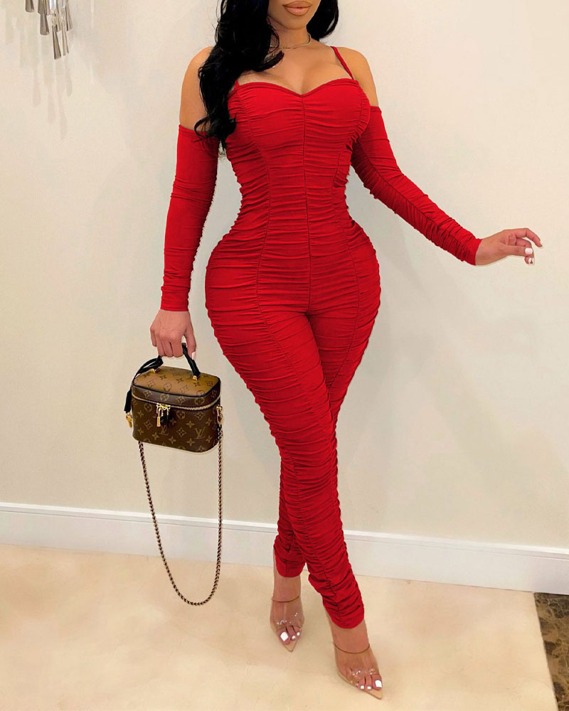 

Cold Shoulder Ruched Skinny Jumpsuit, Red