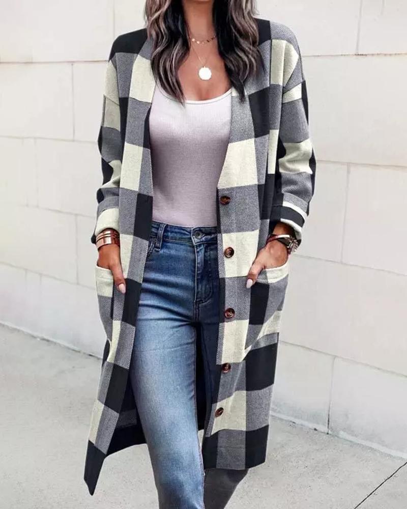 

Plaid Print Pocket Design Cardigan, Black