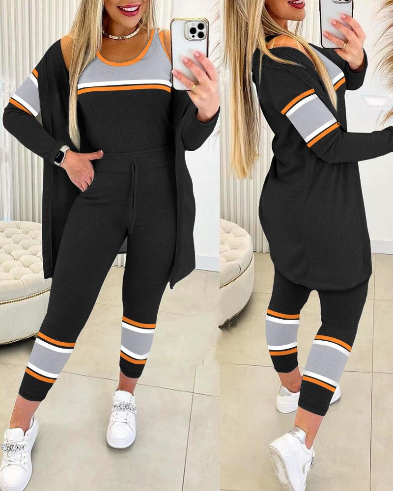 

3PCS Colorblock Tank Top & Drawstring Pants Set With Coat, Black