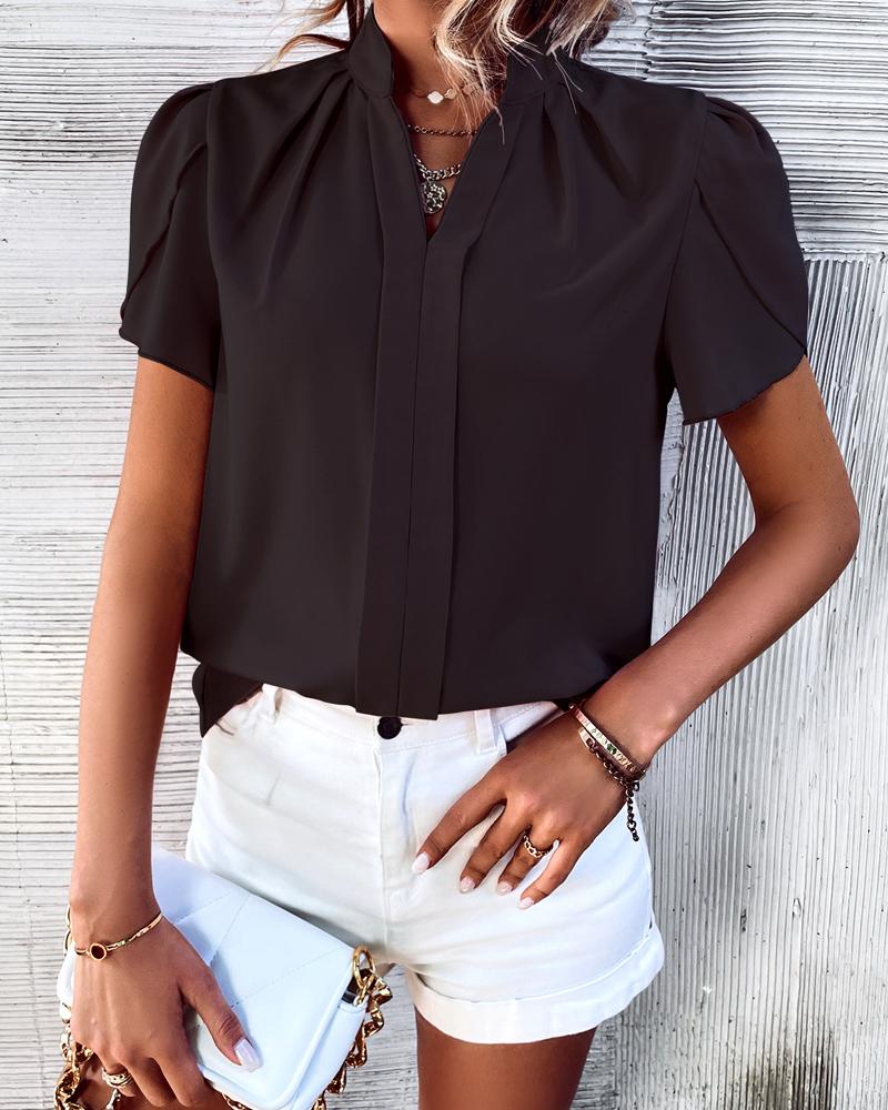 

Stand Collar Puff Sleeve Ruched Top, Black