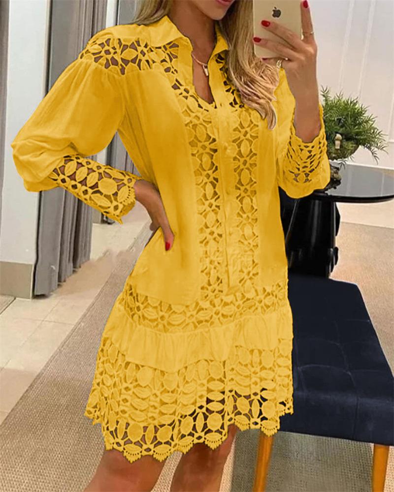 

Guipure Lace Patch Shirt Dress With Cami Dress, Yellow