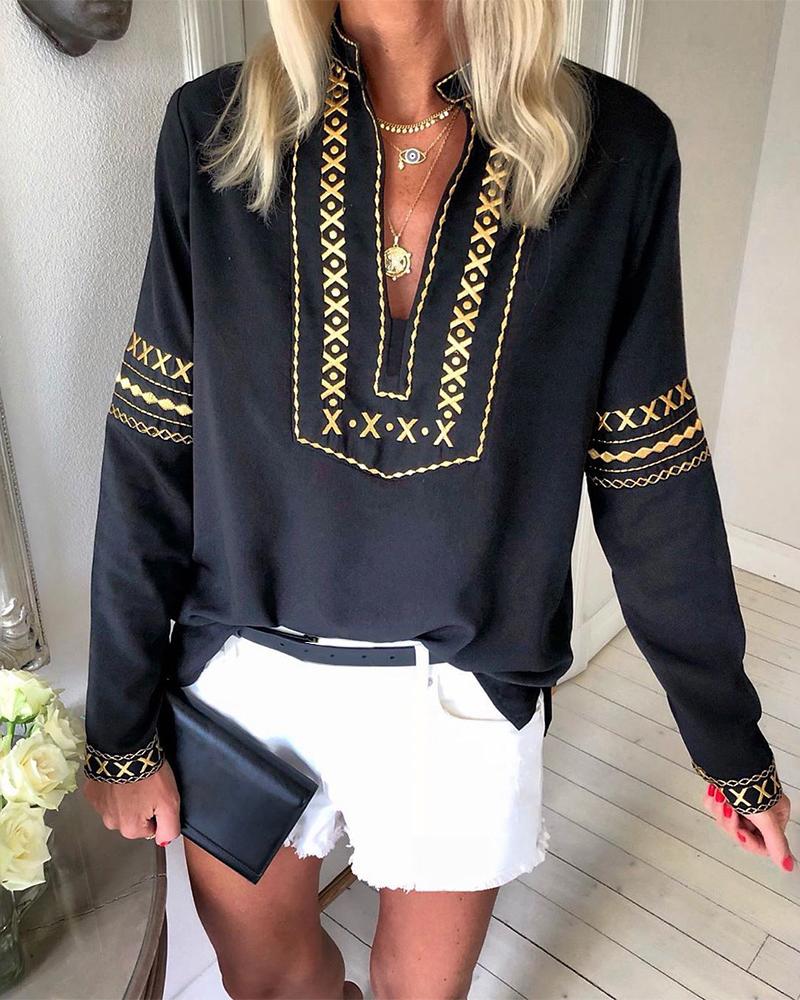 

Ethnic Style Long Sleeve V-neck Top, Black