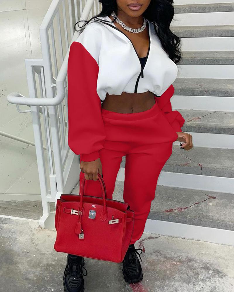 

Colorblock Zipper Design Hooded Top & Pants Set, Red