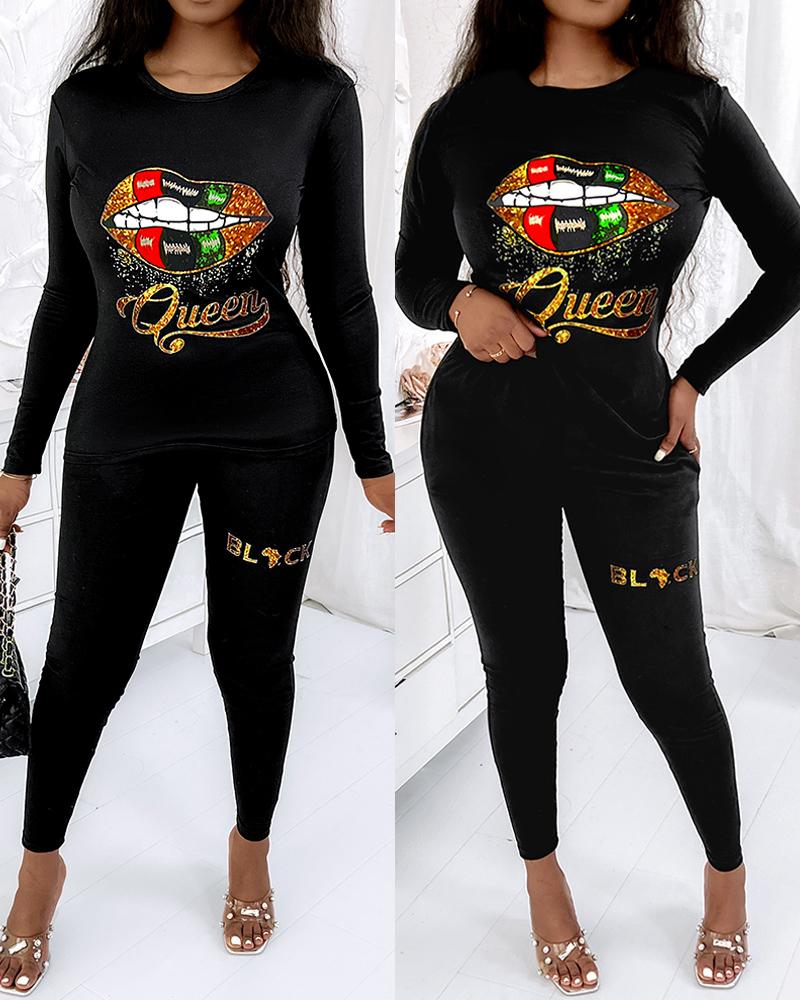 

Lip Letter Print Long Sleeve Top & Pants Set, Black