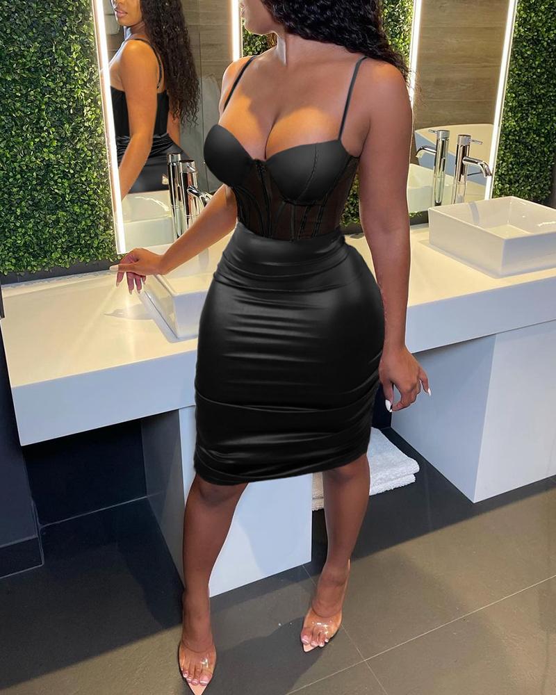 

PU Leather Spaghetti Strap Corset Bodycon Dress, Black
