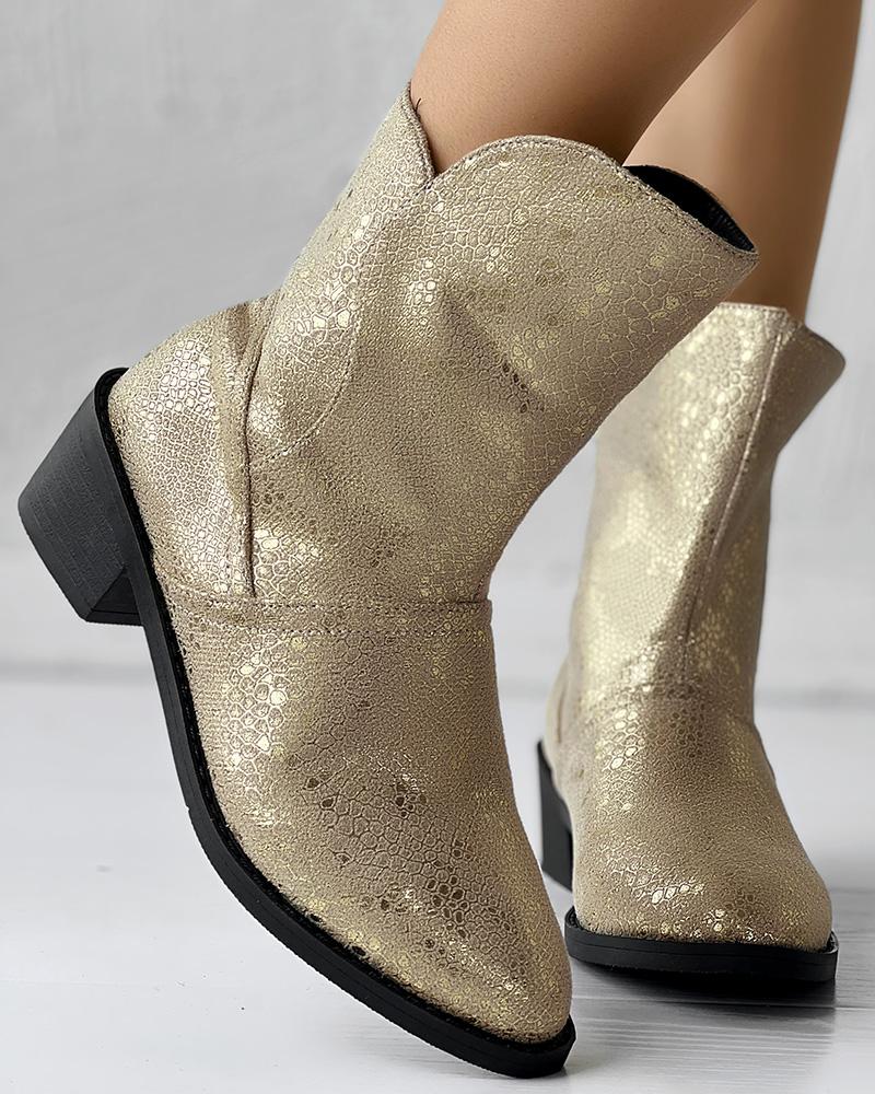 

Metallic Snakeskin Point Toe Chunky Heel Knight Boots, Gold