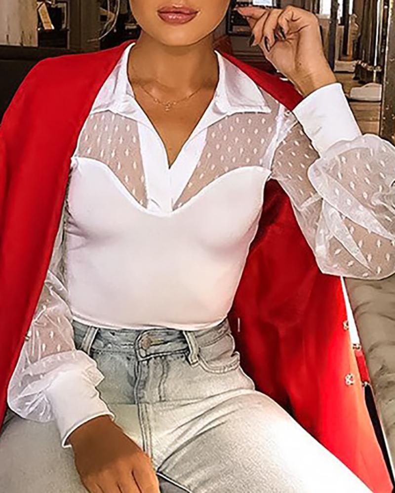 

Polkadot Print Long Sleeve Blouse, White