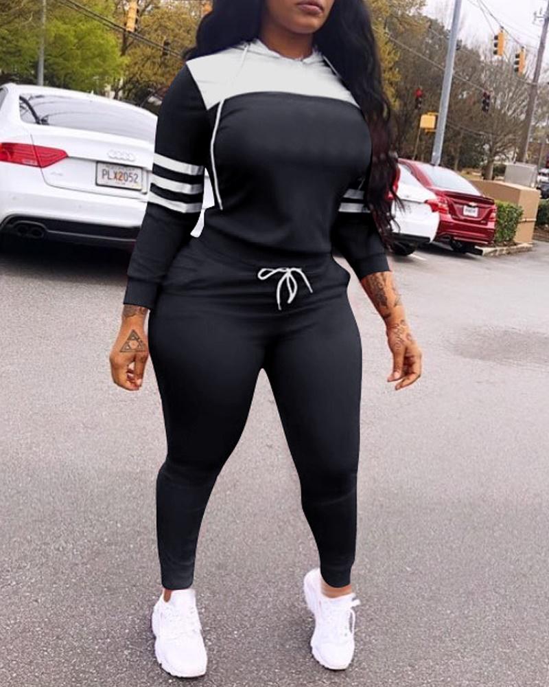 

Colorblock Long Sleeve Casual Hoodie & Pants Set, Black