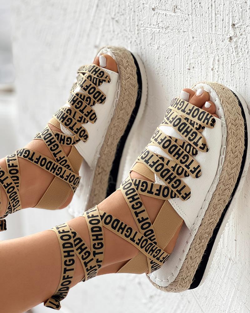 

Letter Band Lace-up Platform Peep Toe Strappy Sandals, White