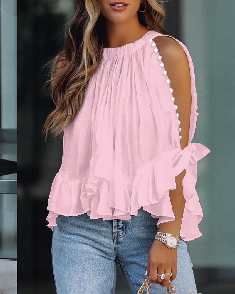

Ruffle Hem Beaded Decor Split Sleeve Top, Light pink