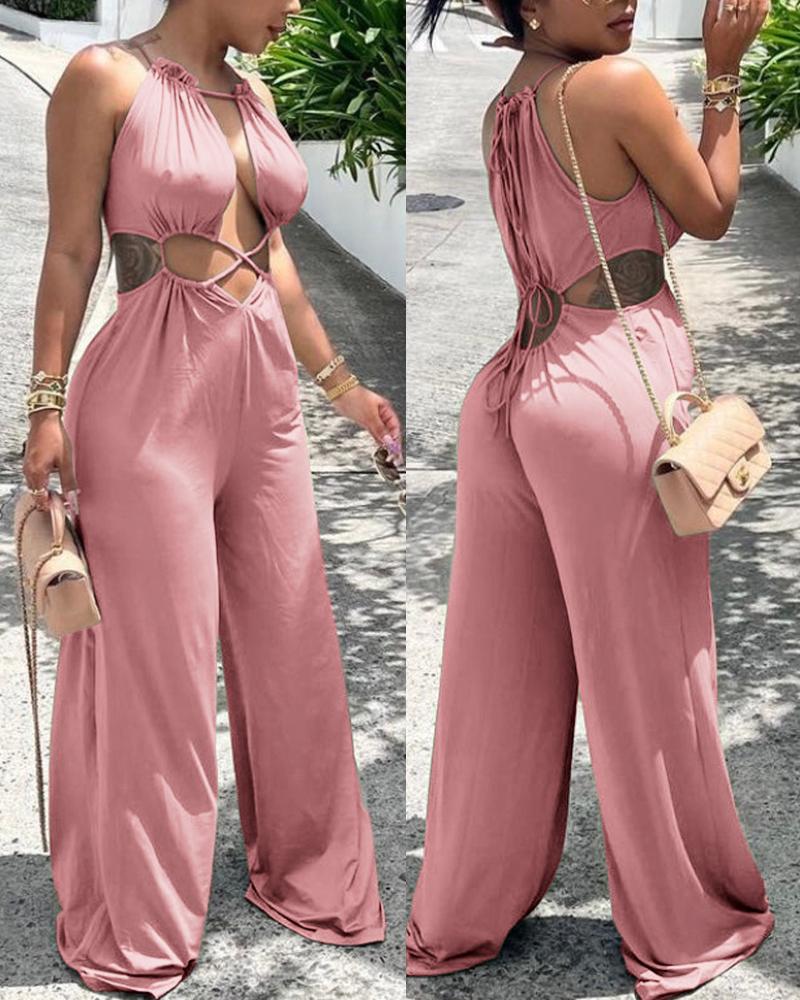

Lace-up Cutout Wide Leg Jumpsuit, Pink