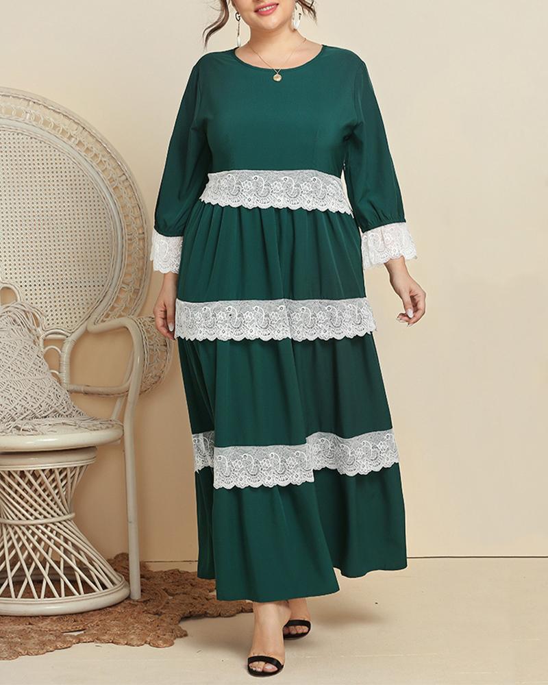 

Plus Size Color Block Contrast Lace Maxi Dress, Green