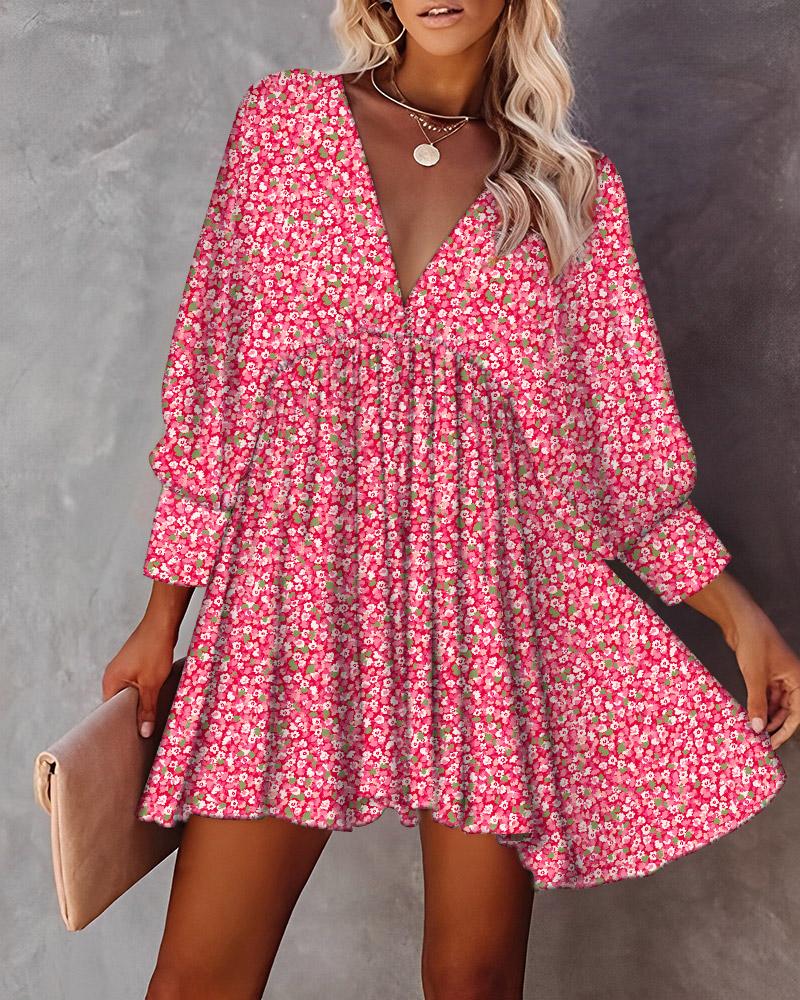 

Pink Ditsy Floral Print V-Neck Lantern Sleeve Dress, Red