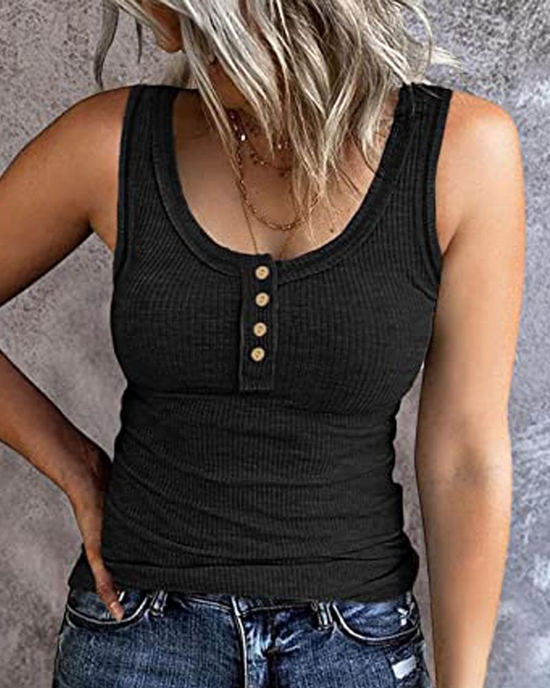 

Button Down Scoop Neck Summer Casual Basics Tank Top, Black