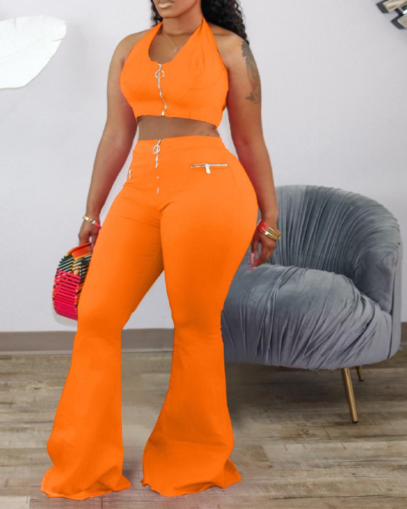 

Zip Design Halter Crop Top & Flared Leg Pants Set, Orange