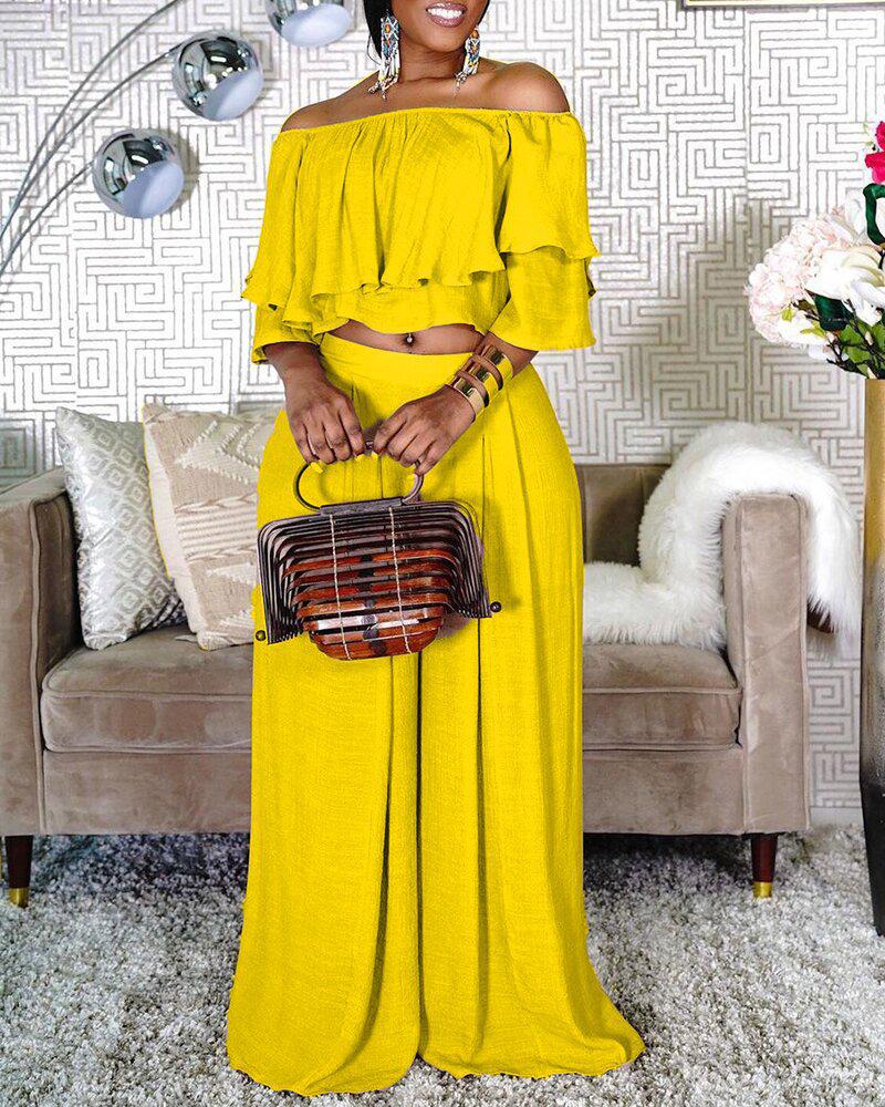 

Off Shoulder Ruffle Hem Crop Top & Wide Leg Pants Set, Yellow