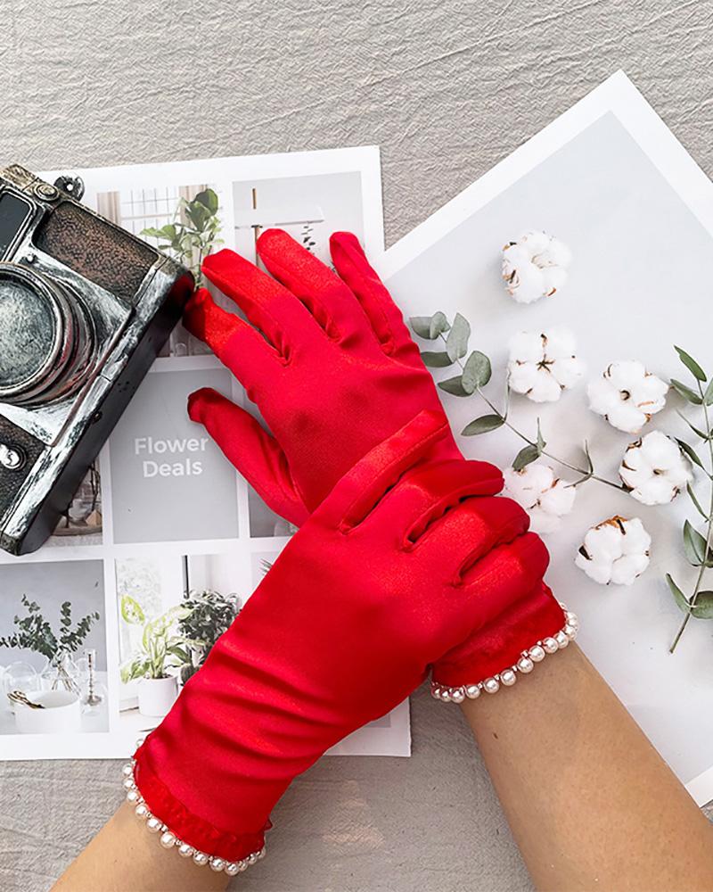 

Pearls Decor Frill Hem Satin Gloves, Red