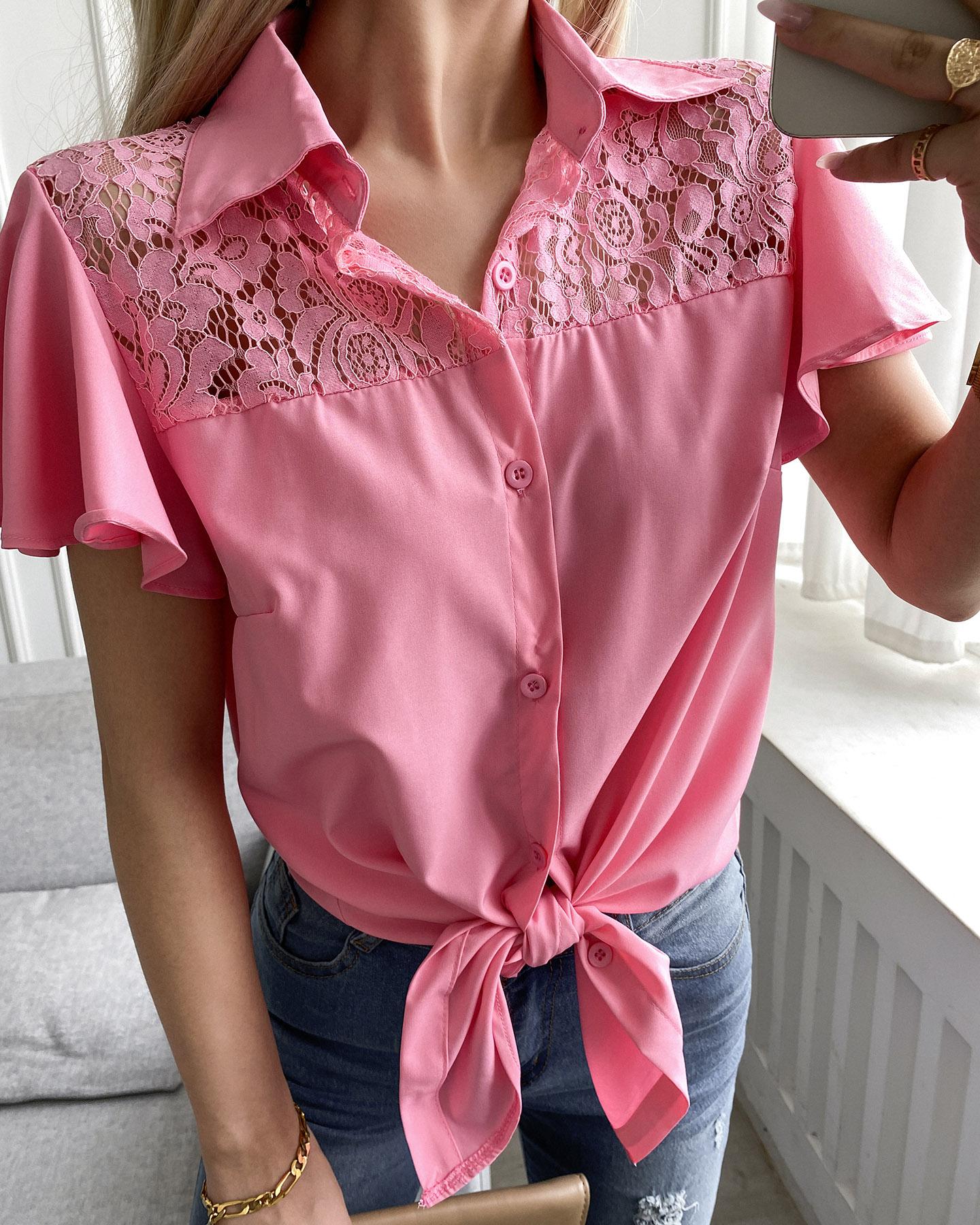 

Lace Patch Ruffles Button Front Shirt, Pink