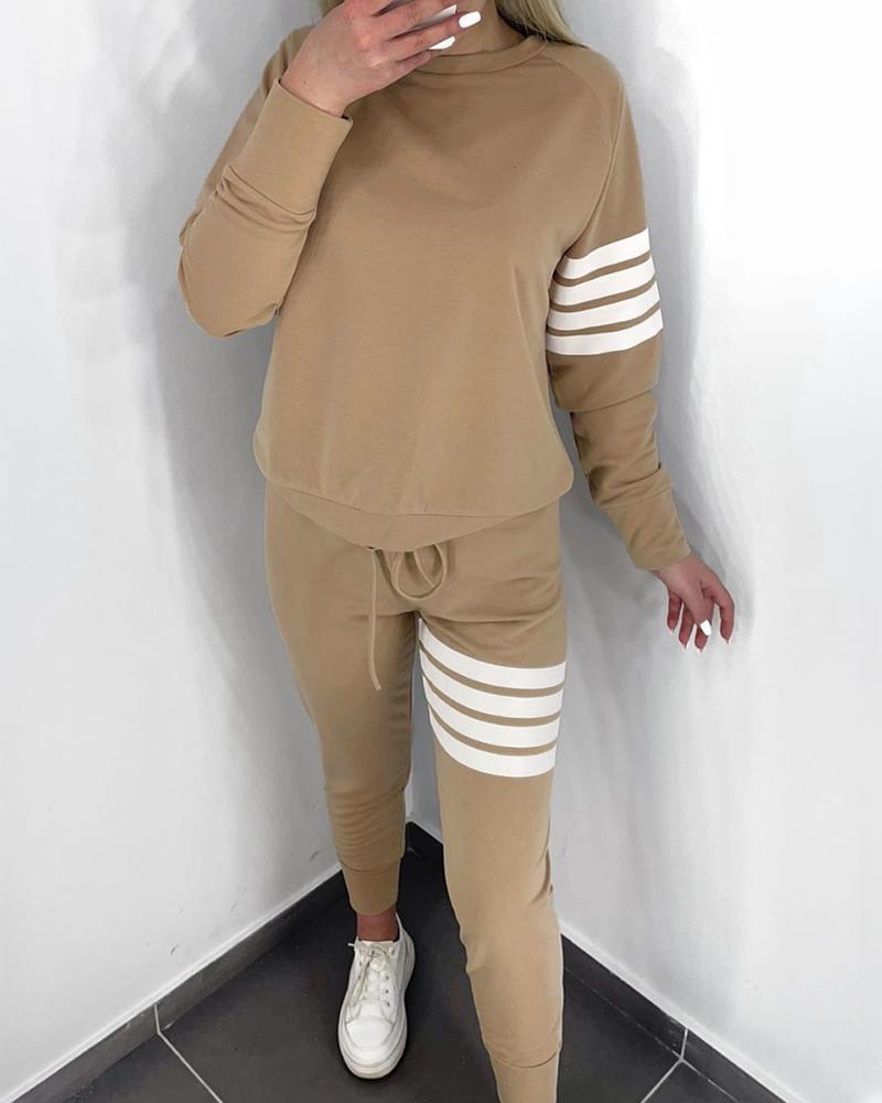 

Long Sleeve Striped Print Top & Drawstring Pants Set, Khaki