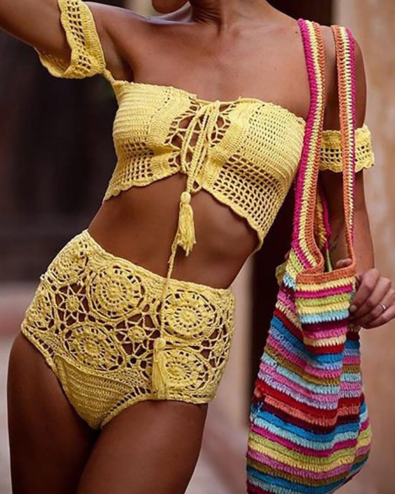 

Lace-Up Hollow-Out Off Shoulder Knit Bikini Set, Yellow