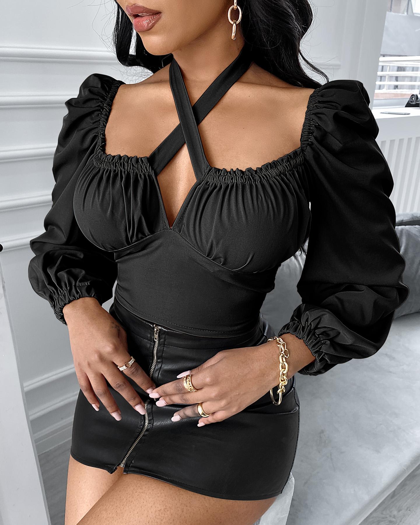 

Crisscross Puffed Sleeve Plain Blouse, Black