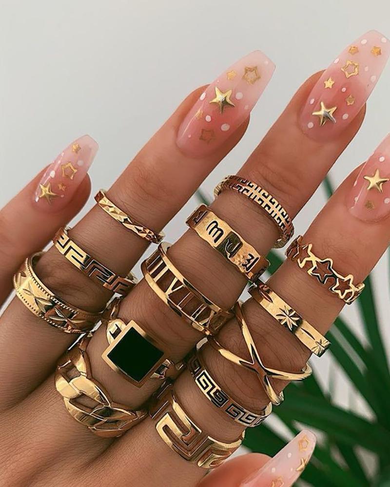 

13pcs Star Geo Pattern Punk Rings Set, Gold