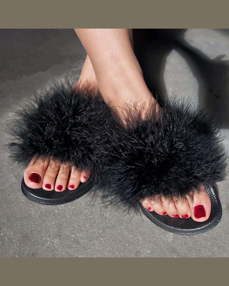 

Fashion Peep Toe Fluffy Flat Sandals, Black