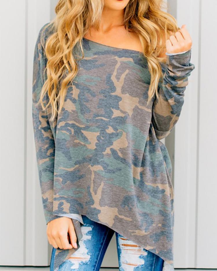 

Camouflage Printed Slash Neck Irregular Blouse, Army green