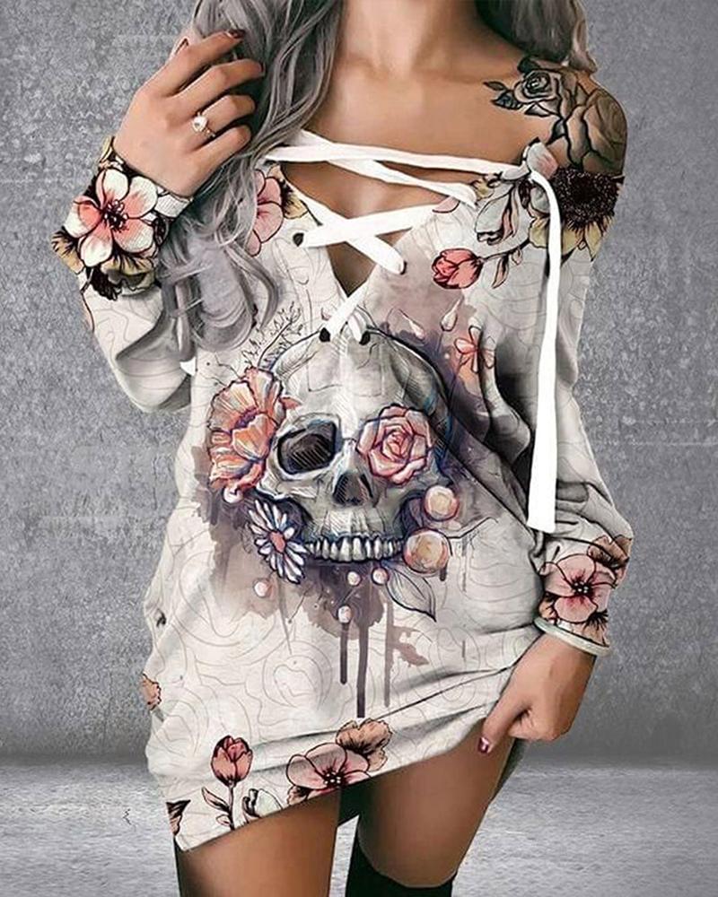 

Halloween Eyelet Lace-up Skull Floral Print Casual Dress, White