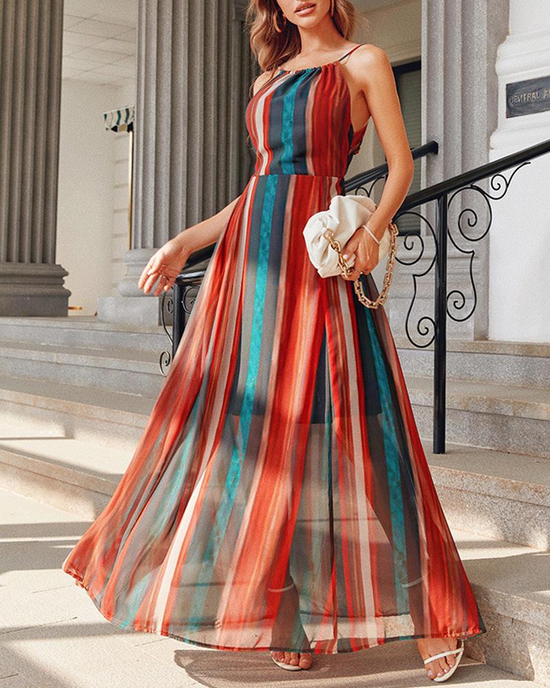 

Halter Tied Detail Backless Striped Print Maxi Dress, Multicolor