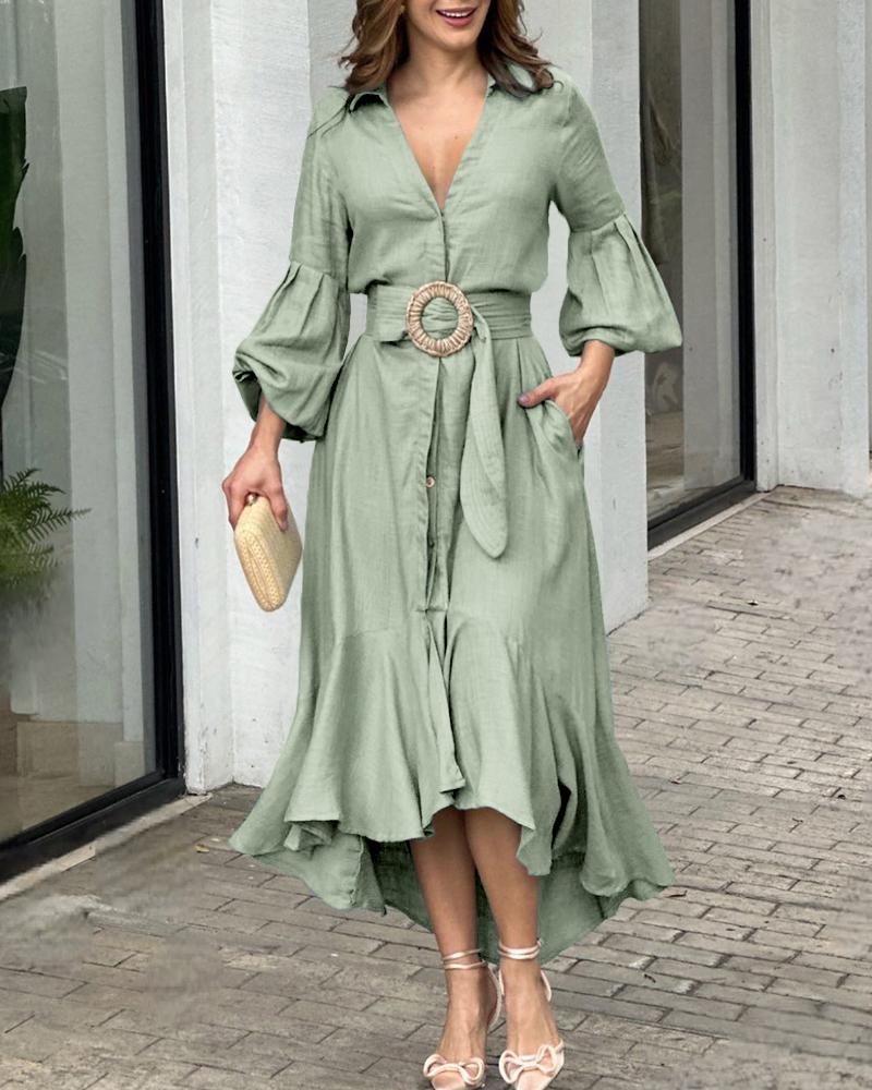 

Lantern Sleeve Ruffle Hem Pocket Design Maxi Dress, Green