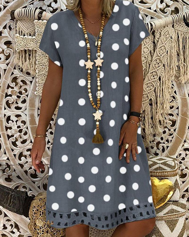 

Polka Dot Print V-Neck Casual Dress, Gray