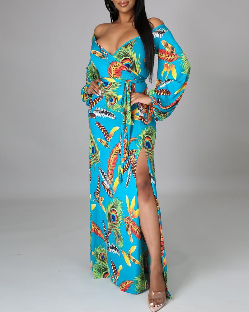 

Tropical Print Long Sleeve High Slit Maxi Dress, Blue