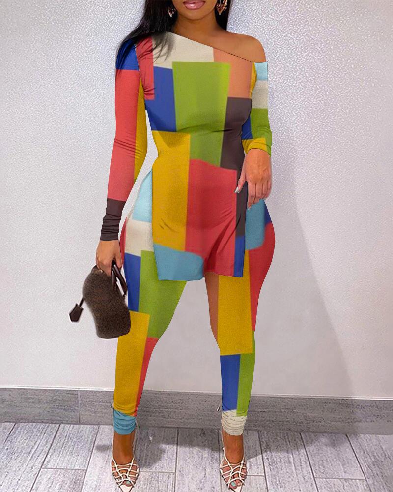 

Geometric Print Split Hem Long Sleeve Top & Pants Set, Multicolor