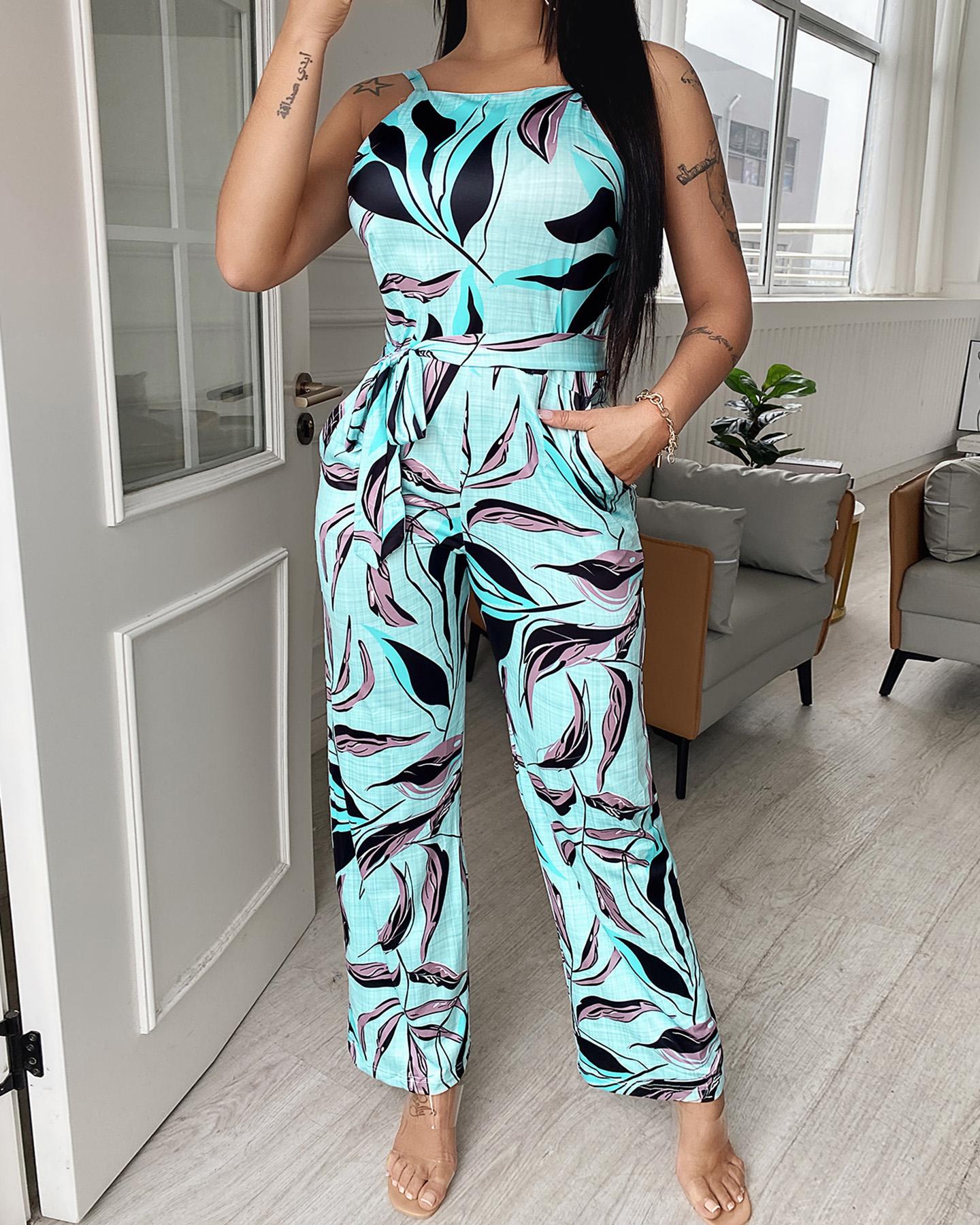 

Leaf Print Sleeveless Pocket Design Jumpsuit, Light blue