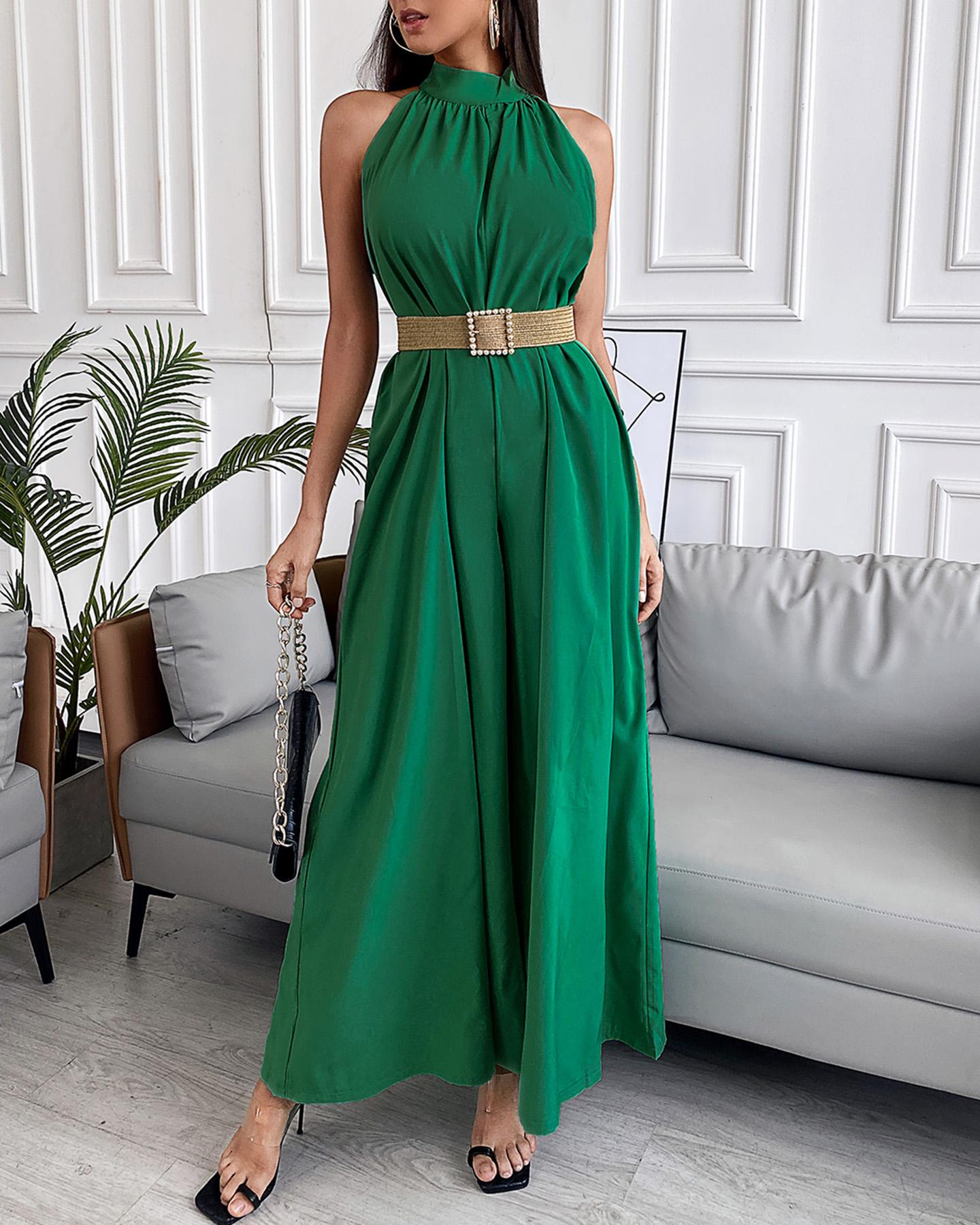 

O Neck Ruched Sleeveless Jumpsuit, Green