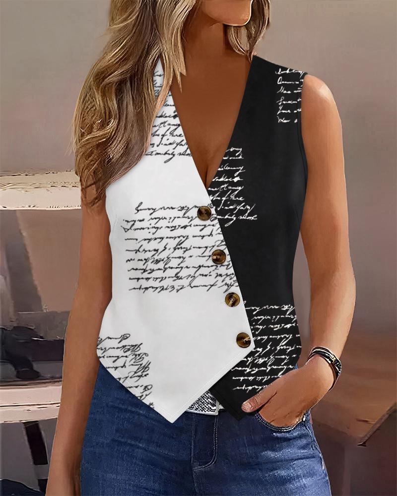 

Colorblock Letter Print Buttoned V-Neck Vest Top, Black