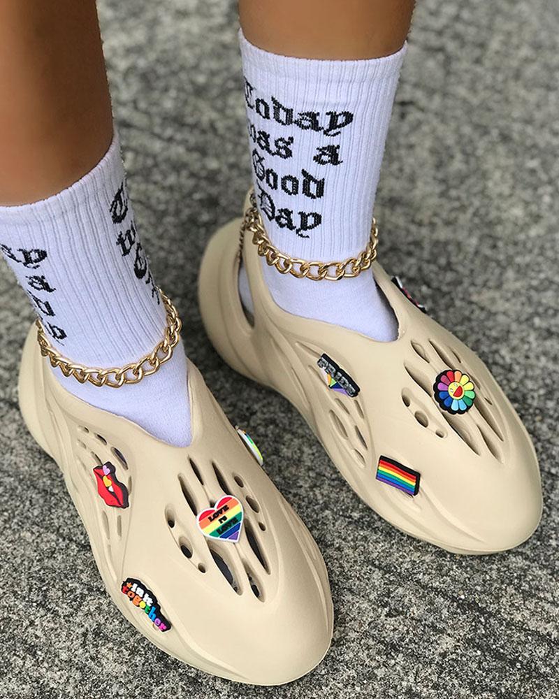 

Rainbow Heart Lip Sunflower Letter Pattern Hollow Out Clog Sandals, Apricot