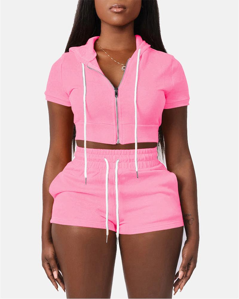 

Zipper Design Hooded Top & Drawstring Shorts Set, Pink